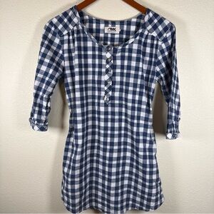 Mountain Khakis Navy White Plaid Tunic Top XS Pockets  Elbow Length Sleeve